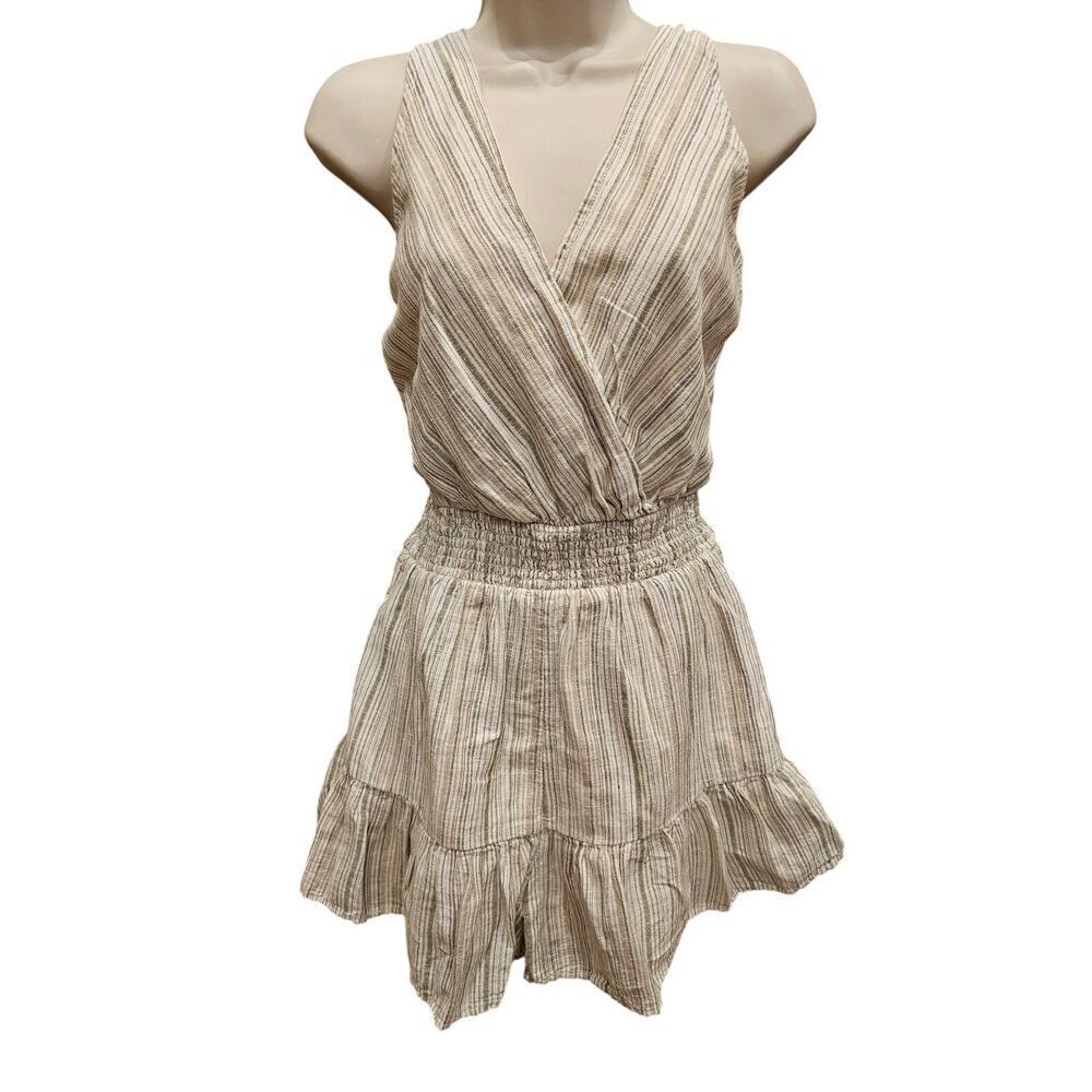 American Eagle MT M TALL linen blend v neck short romper neutral striped summer